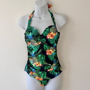 Cocoship One Piece Bathing Suit Halter Pin Up Retro Pineapple Palm Tropical Sz 8